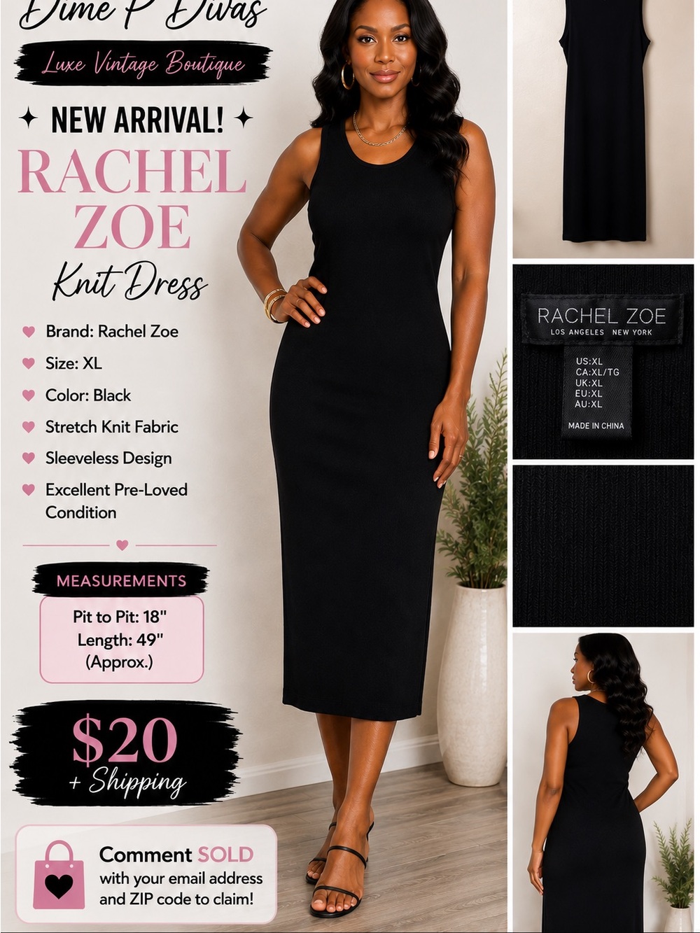 Rachel Zoe Black Sleeveless Knit Midi Dress